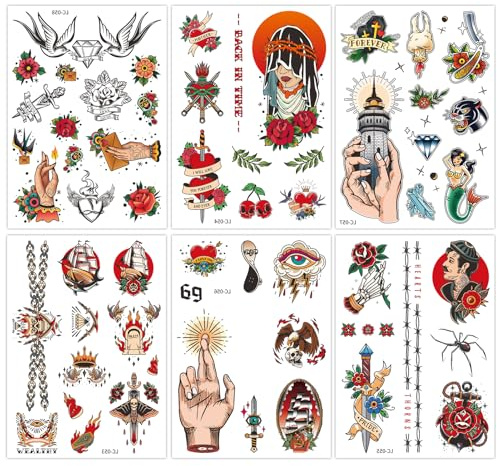 Qpout 6 Blätter Klassische Old-School-Stil Temporäre Tattoos, Traditionelle Blumen Rose Retro Bunte Körperkunst Arm Fake-Tattoos Sticker für Erwachsene Frauen Männer