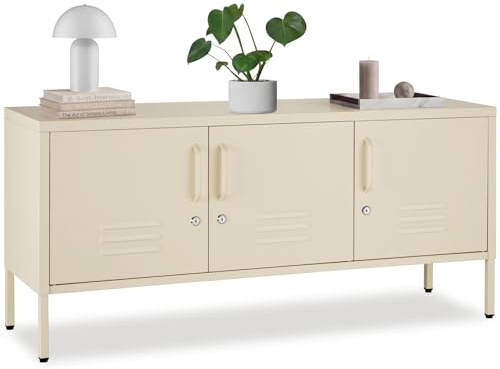 tectake® Metall Sideboard, 120x37,5x55,5cm, mit Magnetverschluss, 3 Türen abschließbar, Verstellbarer Boden, Kommode mit Kabelführung, Anrichte, Kippschutz, Aufbewahrung, Schrank, Stauraum - Creme