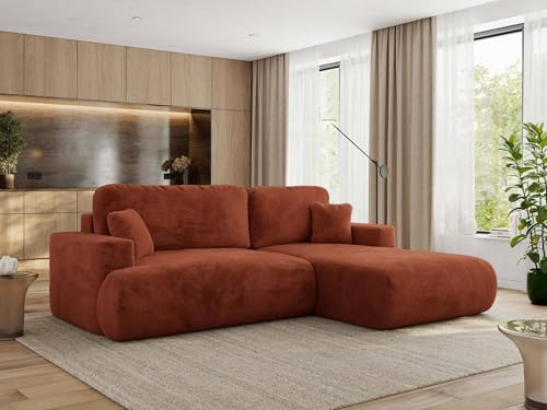 MKS MEBLE Ecksofa Wohnlandschaft L-Form mit Schlaffunktion und Bettwäscheschrank, Schlafsofa mit Bettkasten, modernes Sofa OVO L - Rechts - Orange Plüsch