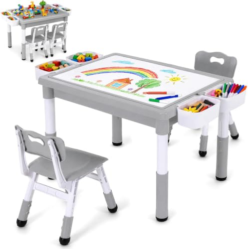 Clevich Kindertisch mit 2 Stühlen, Kinder Tisch Stauraum, Maltisch, Grau | Höhenverstellbarer Kinder Maltisch mit Wendeplatte für Graffiti & Bausteine sowie 4 Boxen für Zuhause & Vorschule