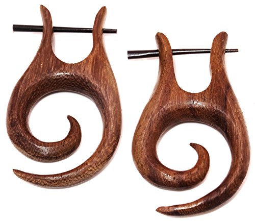 BALI PAPAYA Faux Ecarteur Bois Boucles d'oreilles Piercing Homme Femme Wooden Fake Expander Gauge Wood Earring Earrings Fake Paire Spirale Marron créoles