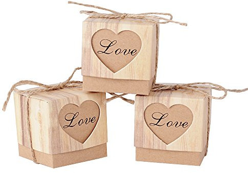 AONER (5 * 5 * 5cm) 100pcs Boîte à Dragées Bonbonières Coeur Vintage Papier Kraft avec Corde Décoration de Mariage Fête Baptême