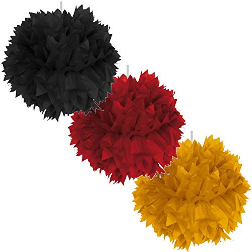 Carpeta 3X * POM-POM Deutschland * als Deko oder Accessoire für WM 2018 oder Deutschland-Mottoparty // 3 Stück in schwarz rot Gold // Pompom Geburtstag Germany