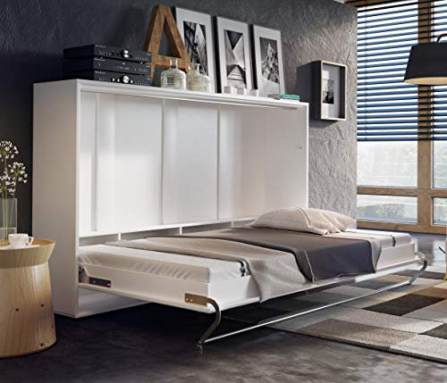 Arthauss Bedroom Horizontal Fold Away Pull Out Murphy Bed in White Gloss 140 x 200cm - Hidden Wall Cabinet Design, Perfect Solution for Modern Living Spaces