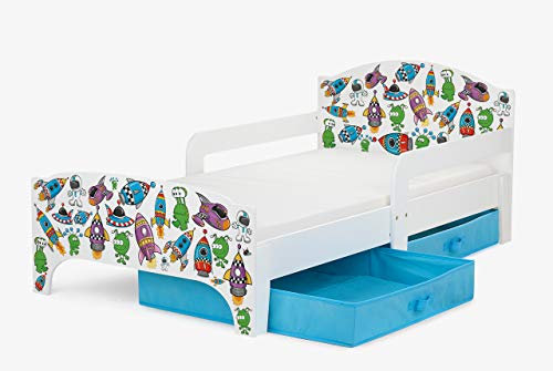 Leomark Smart Moderne Lit d'enfant Toddler 140x70 - Blanche Lit Simple avec Un Tiroir, Lit pour Enfant avec Rangement et Matelas, Tiroir en Textile 2 Pièces
