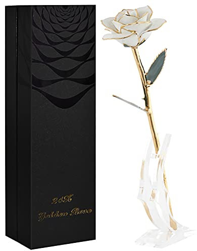 SW White Gold Rose Gifts for Women,24k Gold Dipped Real Rose Lasted Forever with Stand for Her,Christmas,Valentines Day, Mothers Day, Birthday