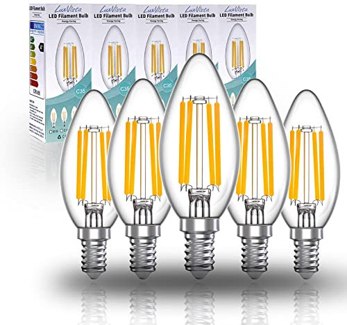 Luxvista E14 LED Candle Filament Bulb Dimmable Warm White 2700K 4W Equivalent 40W Halogen SES C35 Chandelier Bulb Small Edison Screw Vintage Energy Saving Light Bulbs 400lm No Flicker (5-Pack)