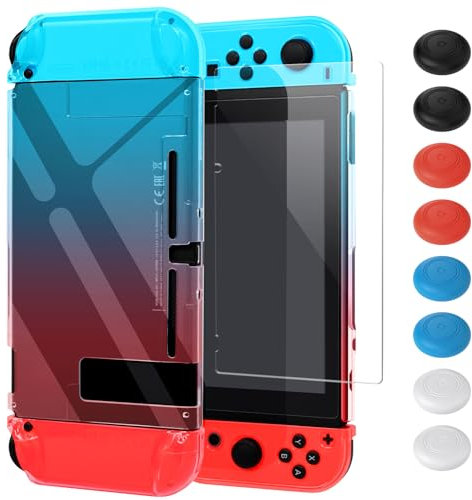 FYOUNG Schutzhülle mit Schutzfolie Kompatibel mit Nintendo Switch, Stoßdämpfung und Anti-Scratch Transparent Hülle Zubehör für Switch mit Displayschutzfolie und Griffkappen (Rot und Blau)