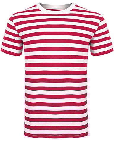 Sykooria Mens Round Neck Striped T-Shirt Red & White Strip Casual Short Sleeve Pinstripe Tops