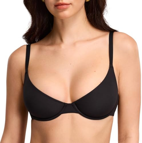 DOBREVA Women's Balconette Unlined Plunge Bra Underwire Demi Plus Size Bras Lounge Comfort Black 34DD