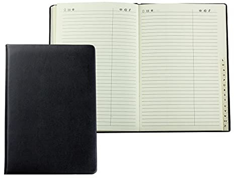 DELMON VARONE - Personalisierbares Adressbuch DIN A5 gebunden mit A-Z Register in Boxcalf Premium Leder schwarz - Telefonbuch mit leicht wattiertem Hardcover Einband und alphabetischem Telefonregister