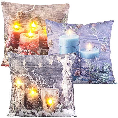 infactory LED Kissen: 3er-Set Deko-Weihnachtskissen mit LEDs, batteriebetrieben, 45 x 45 cm (Beleuchtete Kissen Weihnachten, Glow, Weihnacht)