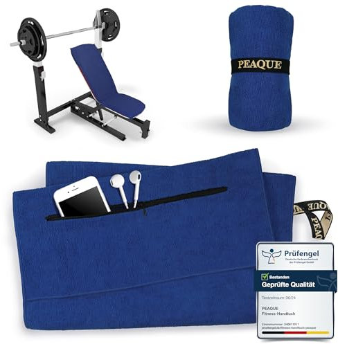 PEAQUE Fitness-Handtuch mit Reißverschlusstasche | Mikrofaser mit Frottee-Struktur | Sport-Handtuch für Fitnessstudio und Gym | weich, schnelltrocknend (Navy-Blau, 120 x 50 cm)