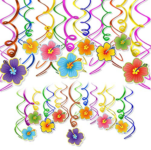 HOWAF Hawaii Hängedekoration, 30 Stück Hawaii deko Hibiscus Hängedeko Deckenhänger Spiral Girlande für Hawaii Tropische Sommer Geburtstag Deko Luau Tiki Beach Party Deko