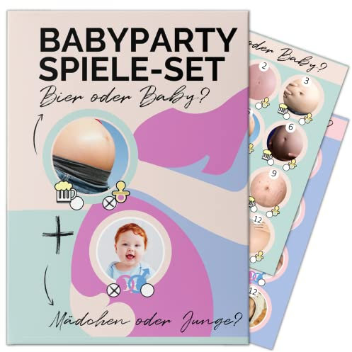 Babyparty Spiele Set by snaPmee - Gender Reveal Party Spiel mit 25 Karten - Geschenk-Idee zur Babyshower (A6)