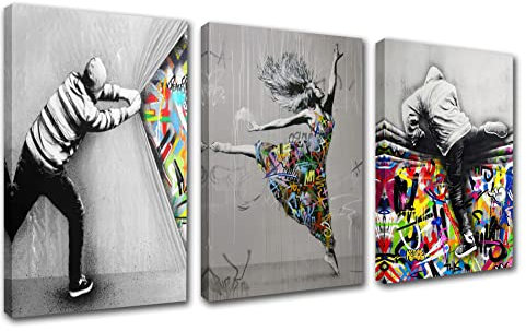 Banksy Street Art Decor Graffiti Sexy Girl Gemälde für Schlafzimmer hinter dem Vorhang Bilder nordische Kunstwerke 3-teiliges Leinwandbild Wandkunst Heimdekoration Gerahmtes Poster und Drucke