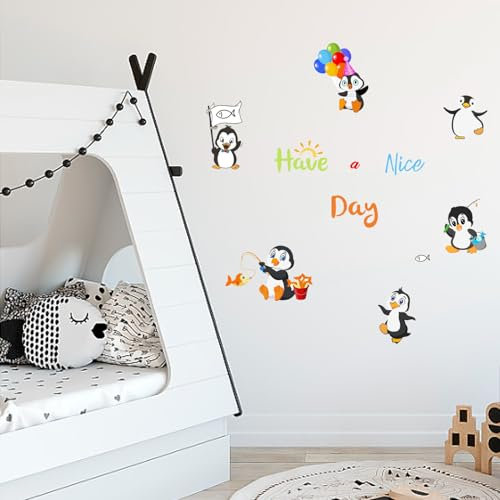 PLIGREAT Bunt Pinguin Wandtattoo Kinderzimmer Wandaufkleber Have A Nice Day Zitate Wandbilder Aufkleber für Schlafzimmer Kindergarten Tür Kühlschrank Heimdekoration