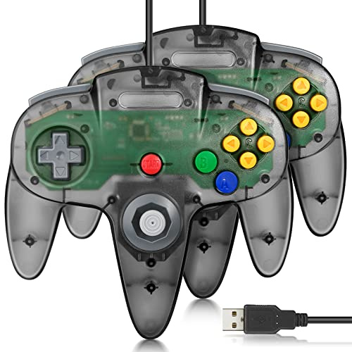 FISUPER - Controller USB N64, 2 pezzi, per videogiochi cablati USB Gamepad per Windows PC Mac, Raspberry PI Retropie (nero trasparente)