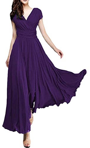 ORANDESIGNE Vestiti della Sera Lungo da Donna Abito Cerimonia in Chiffon Scollo a V Abito da Cocktail Party a Maniche Corte A Viola M