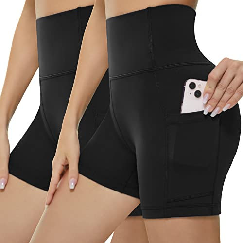 KKB Damen-Shorts, 20,3 cm, hohe Taille, Yoga-Leggings, Bauchkontrolle, Workout-Shorts, Seitentaschen, Laufhose, 2-5 Zoll (5,1-12,7 cm), Schwarz, X-Groß