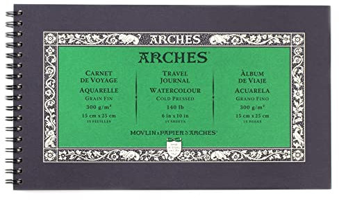 Arches Aquarell-Reisetagebuch, 15,2 x 25,4 cm, natürliches Weiß, 100% Baumwollpapier, 15 Blatt Arches Aquarellpapier, 63,5 kg Kaltpresse, Arches Aquarell-Tagebuch für Gouache-Tinte, Acryl und mehr