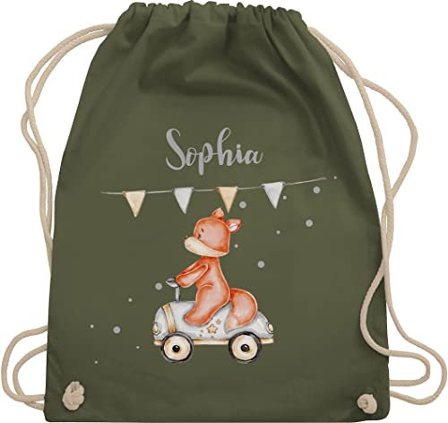 Turnbeutel Rucksack - Tiere - Niedlicher Fuchs I Süßes Fuchsmotiv I Geburt Baby Fox Rennfahrer - Unisize - Olivgrün - kindergarten kita baumwolle beutel personalisierte geschenke sophie