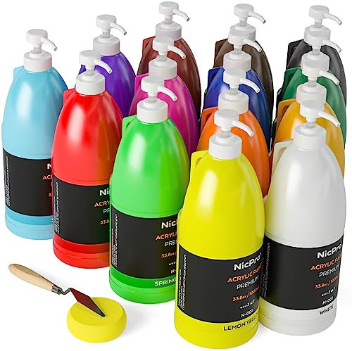 Nicpro 14 Farben Großes Acrylfarben Set(1000 ml×14), Ungiftig Künstler Malfarben, Acrylfarben für Verschiedene Oberflächen, Holz, Leder, Papier, Handwerk, für Kinder und Erwachsene mit Pumpe