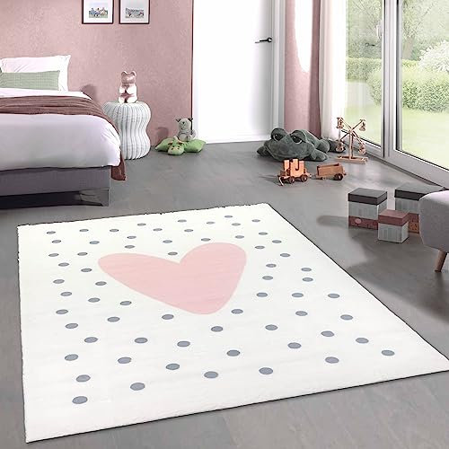 CARPETIA Kinderzimmer-Teppich weich Herz-Pünktchen pflegeleicht Creme, rosa grau 120 x 170 cm