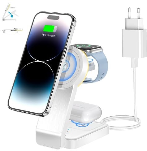 3 in 1 Faltbar Induktive Ladestation,Kabelloses Ladegerät für iPhone 16/15/14/13/12/Pro Max/Mini,Wireless Charger für Apple Watch 9/8/7/6/SE/5/4/3/2, AirPods Pro/2/3(mit Adapter) (Weiß)