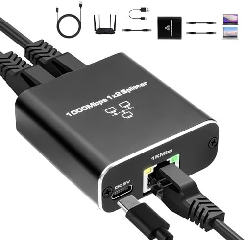 LAN Splitter 1 auf 2, 1000Mbps Ethernet Splitter High Speed [2 Geräte gleichzeitig vernetzen] RJ45 mit USB-Stromkabel, LAN Splitter für Computer, Router, Set-Top Box, Digital TV etc（ohne Kabel）