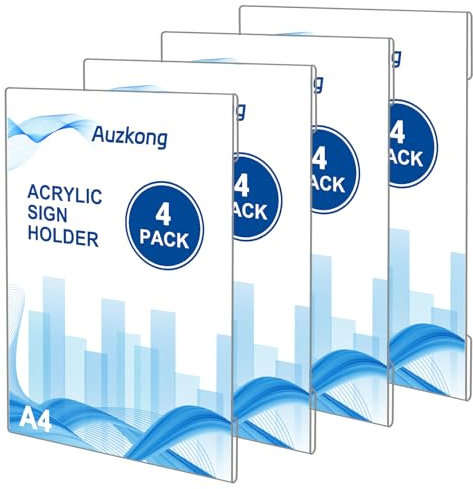 Auzkong Lot de 4 Supports de Muraux en Acrylique, A4 Transparent avec Adhésif, A4 Présentoir en Acrylique Transparent, Panneau Mural, Mémo, Porte-menu pour Bureau Magasin Restaurant (A4, 4 Pièces)