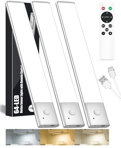 Kasanfe 64-LED Under Cabinet Kitchen Lights, Wireless Motion Sensor Under Cabinet Lighting, Rechargeable Under Cupboard Light with 3 Color, Stick on Lights for Shelf Pantry Desk (3 Pack)