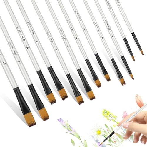 Andibro Filbert Ensemble de pinceaux Plats, 12 pièces pinceaux d'artiste Pinceau d'art en Nylon Pinceau d'art Professionnel Brosse à Cheveux en Nylon à l'huile Acrylique Aquarelle Gouache