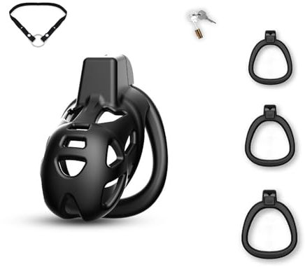 SeLgurFos 3D Belüftung Keuschheitsgürtel Set mit Drei Breiteren Ringe und Belt Klein Peniskäfig Chastity Cage mit Urinal Herren Keuschheitskäfig SM Bondage Sexspielzeug für Männer (S)