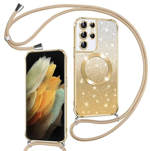 Phoona Hülle für Samsung Galaxy S21 Ultra 5G mit Band, Gold | [Kompatibel mit MagSafe] Luxuriöse Glitzer Beschichtung Magnetische Handyhülle zum Umhängen Kordel Silikon Stoßfest