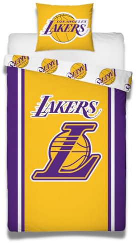 Character World Lakers Bettwäsche-Set 155x220, NBA Team Los Angeles Lakers Basketball-Bettwäsche, 100% Baumwolle, Kopfkissenbezug 80x80, Bettbezug 155x220, Teenagerbettwäsche