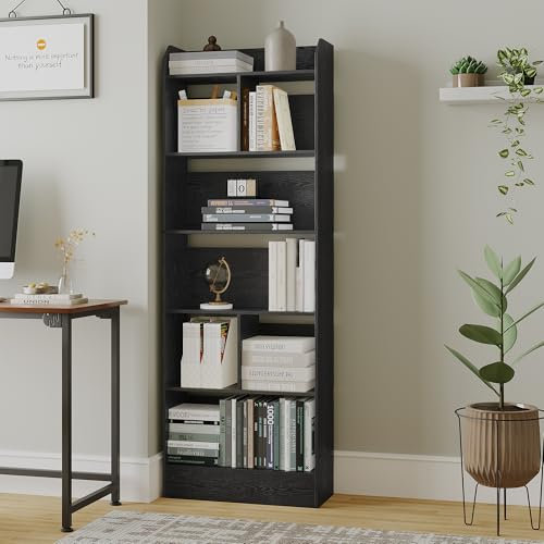 Hzuaneri Bücherschrank, Bücherregal, mit 6 Fächern, Aufbewahrungsregal, Standregal, für Wohnzimmer, Büro, Schlafzimmer, 24 x 60 x 170 cm, Schwarz BC11104X