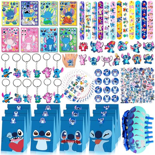Stitch Party Bag Fillers for Kids 134 pcs Stitch Themed Birthday Party Supplies Include 12 Paper Gift Bag 50 Sticker 12 Bracelet 12 Keychain 12 Tattoos Temporary 12 DIY Sticker Perfect for Kids Party