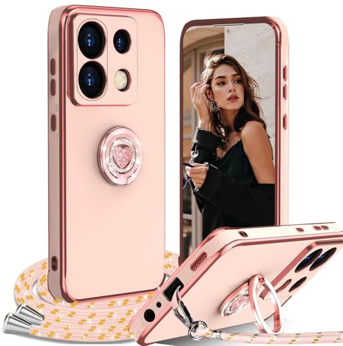 IBETEK Cover per Xiaomi Redmi Note 13 Pro 5G con Cordino, con Supporto ad Anello Cuore, Custodia Sottile Silicone TPU Antiurto Dorata Placcatura Protettiva Case Regolabile Collana Tracolla, Rosa