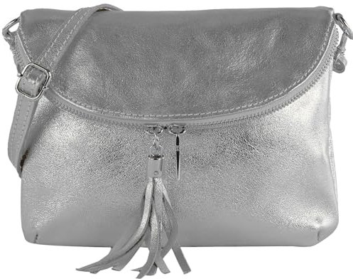 modamoda de T07L / T139L Damen Leder kleine Umhängetasche 2 Modelle handmade in Italy, Farbe:Silber-Metallic