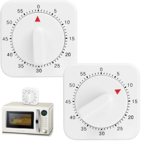 2 Piezas Temporizador Portátil Mecánico 60 Minutos, Blanco Cuadrado Temporizador de Cocción No Necesitan Baterías, Duradero Manual Temporizador de Cocina Plástico para Hornear Aprender Deportes