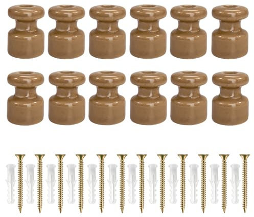 QuirkLz 12 Pezzi Isolatori in Ceramica per Cavo Elettrico Tessile – Isolatori per Cavi Trecciati, isolatori in ceramica vintage, Ø18mm, bronzo Lucido, inclusi viti e tasselli di ancoraggio