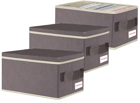 FBEHANA CD-/DVD-Aufbewahrungskoffer – perfekte CD/DVD-Aufbewahrungstasche, universal, stapelbarer DVD-Organizer mit Deckel, 3er-Pack CD-Halter 40 x 16 x 15,5 cm – für 135 CDS/60 DVDs, Braun