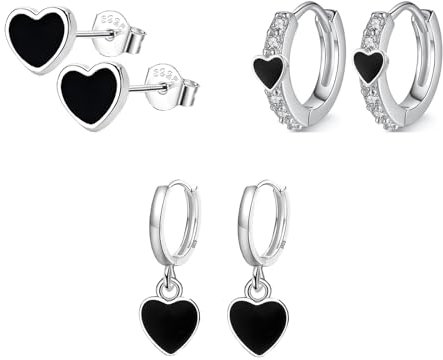 Hinvan 3 Paare 925 Sterling Silber Ohrringe Herz Schwarz Ohrstecker Kleine Knorpel Huggie Ohrringe Hängend Silber Herz Creolen mit Anhänger für Damen Frauen Mädchen
