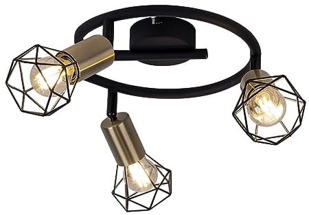 Deckenlampe Retro Industrie Deckenleuchte 3 flammig schwarz, verstellbare Strahler, Metall Gitter messing, 3x E14 Fassungen, DxH 23x18 cm