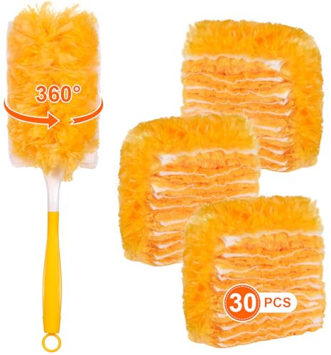 Lot de 30 recharges de plumeau à 360° pour poignée Swiffer & Vzpeun Duster, recharges en microfibre double face robustes, non parfumées, nettoyage multi-surfaces, comprend 1 poignée, orange