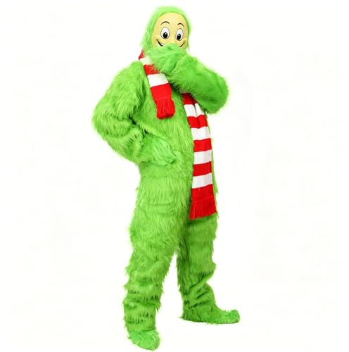 Grinch-Kostüm für Erwachsene, 5 Stück, pelziger Grinch-Overall mit Maske, Handschuhe, Schuhschal, Weihnachten, Deluxe, Karneval, Party-Outfit