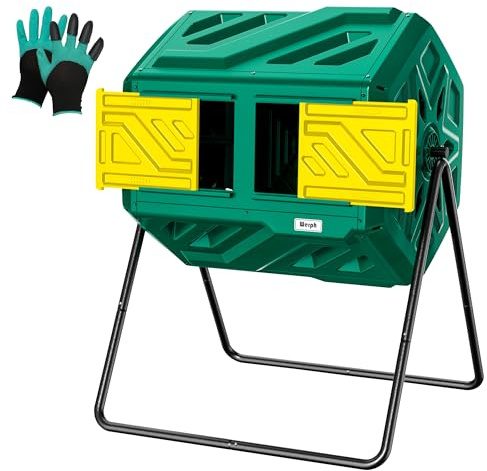 Werph 43 Gallon Compost Bin with Gloves, Fast Assembly & Easy Setup Outdoor Compost Tumbler, Updated Dual Chamber Tumbling Composter for Garden, Kitchen, and Yard Waste, Green