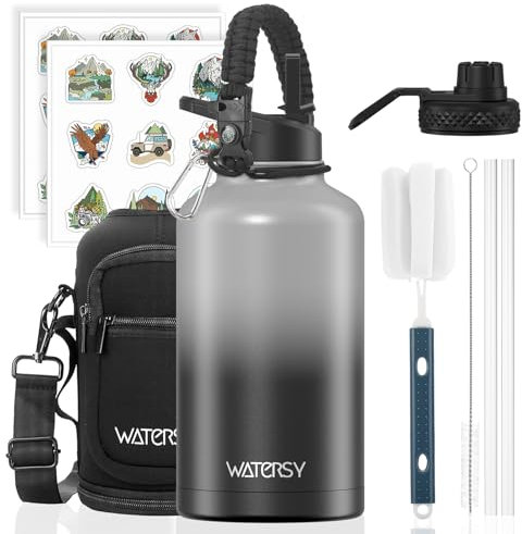 WATERSY Stainless Steel Vacuum Insulated Water Bottle 64oz, Drink Flask Metal Water Bottles 1890ml with 2 Lids Leakproof (Straw Lid and Spout Lid) Keep 24 Hours Cold Drinks for Sport, Work, Travel