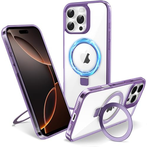 Flyzoo Magnetisch Ständer Hülle für iPhone 16 Pro - [Unsichtbarer Ständer] [Kompatibel mit MagSafe] [Vergilbungsfrei & rutschfest] Stoßfest Durchsichtig Handyhülle, 6.3'', Clear Lila